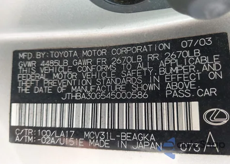 2004 Lexus Es 330 from USA, damaged, VIN JTHBA30G545000586